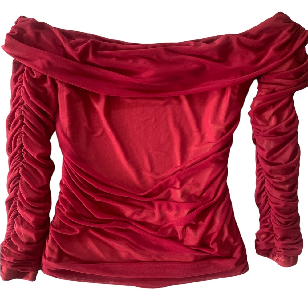 Off The Shoulder Ruched Mesh Top - Picture 2 of 7